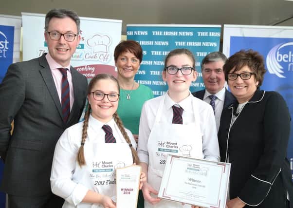 2018 Mount Charles Big School Cook Off winners Katherine Stronge and Catherine Chesney Ballymena Academy are joined by (L-R) John Brolly, Marketing Manager at the Irish News, Caitriona Lennox, Big School Cook Off Ambassador, Trevor Annon, Chairman of Mount Charles and Gillian Douglas, Head of Home Economics at Ballymena Academy.