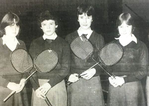 A team from Lurgan Girls' Junior High School reached the final of the NI 7-Up Schools' Badminton Championships in 1981. Pictured are Ruth Buckley, Sharon Ruddy, Gail McBratney, and Arlene Cunningham. Also included is teacher in charge Anne Brisbane.