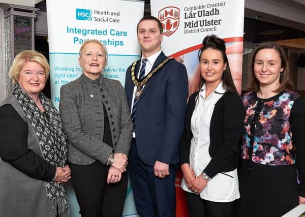 Deputy Chair of Mid Ulster District Council, Councillor Mark Glasgow is pictured with Marie Devlin, Age well, Roberta Tasker, ICP Pharmacy Lead, Maria Anderson, Kellys Pharmacy and Aine Mc Cord, Macmillan Cancer Pharmacist, at the Making Links to Lighten the Load event.
