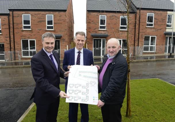 (L-R) North Antrim MLA Paul Frew with Michael McDonnell, group chief executive of Choice Housing and Councillor Reuben Glover at the official opening of the first phase of the Â£8.5million Larne Road development.