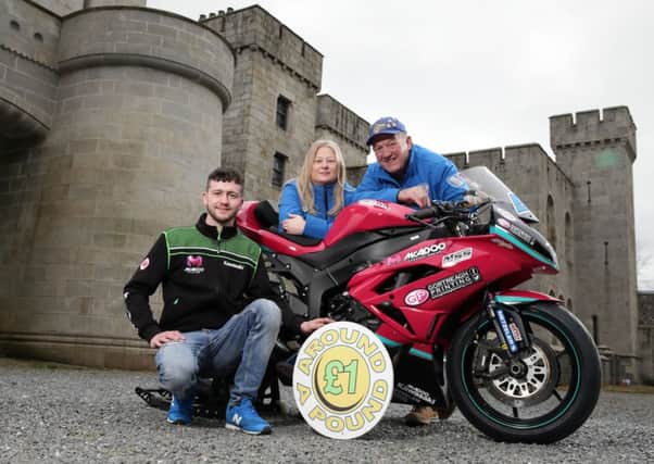 Adam McLean joins Gerard Rice of  title sponsors, Around a Pound and Clerk of the Course, Anne Forsythe at Gosford Castle to launch the 2018 Tandragee 100.