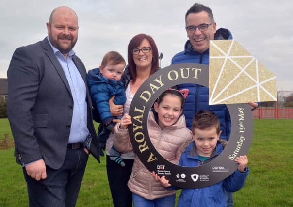 Pictured at the launch of A Royal Day Out fun day in Donaghcloney for the Royal Wedding on saturday May 19th are from left, Councillor Mark Baxter and the Black family, Harry (1), Lisa, Sophie (8), Charlie (5) and Ronnie. INLM16-208.