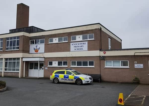 Police investigating the break-in at Knockmore Primary School, Lisburn. Pic by PSNI Lisburn