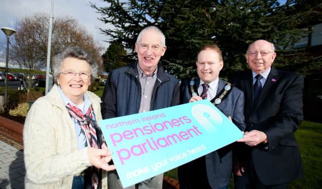 Pictured at the Armagh, Banbridge and Craigavon Pensioners Parliament: Lord Mayor of Armagh City, Banbridge & Craigavon, Alderman Gareth Wilson, with pensioners Doreen Brooks from Armagh, Robert Gilmore from Banbridge and Nixon Armstrong from Portadown.