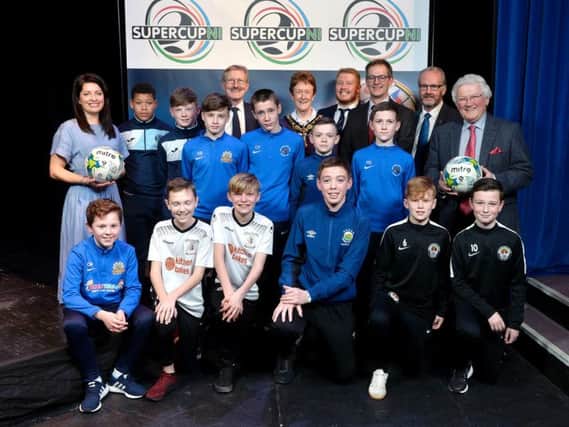 Representatives from the different teams, Ulster University, local councils and SuperCupNI pictured at Thursday night's Supercup NI Under-13 tournament draw, which makes its debut at this years competition.
Photograph:Stephen Hamilton/Presseye