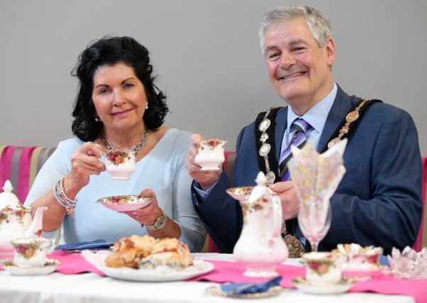 Mayor Tim Morrow with Jacqueline Evans launching the upcoming Vintage Tea Evening at Cafe Vic-Ryn in aid of the Mayor's charities.