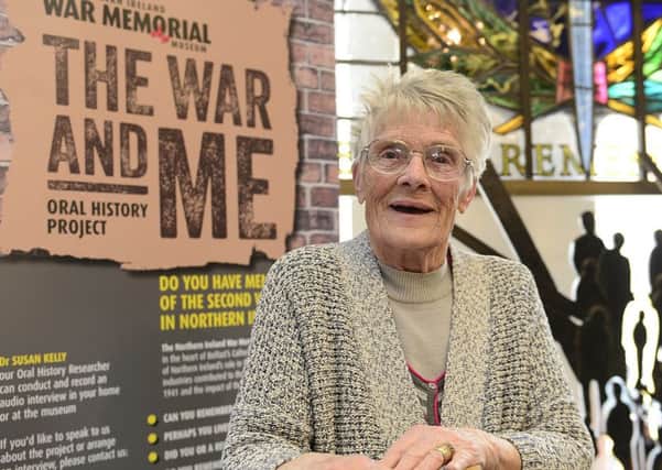 Ann McNeilly at the Belfast Blitz commemoration and the launch of The War and Me Oral History Project at the Northern Ireland War Memorial Museum in Belfast. Ann was celebrating her 77th birthday