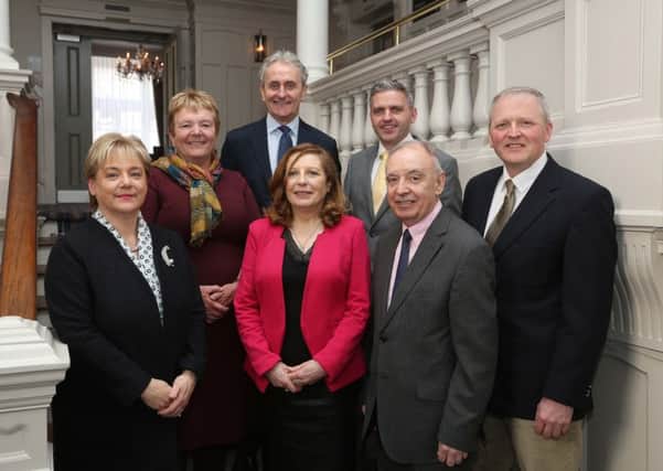 Pictured at the International Fund for Ireland board meeting in Londonderry-Derry are board members (back row) Siobhan Fitzpatrick, Paddy Harte, Dr Adrian Johnston (Chairman of the Fund) and (front row) Hilary Singleton, Dorothy Clarke, Billy Gamble and Allen McAdam. Pic by Lorcan Doherty