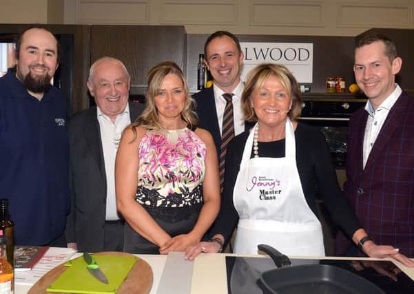 Pictured at the  Lurgan Tigers Craft and Food Fair and Evening With Jenny Bristow at the Seagoe Hotel last week are from left, David and Wilson Briggs of Alwood Kitchens, Gemma and David Welwood, event organisers, Jenny Bristow and Alfie Briggs, Alwood Kitchens. INLM16-206.