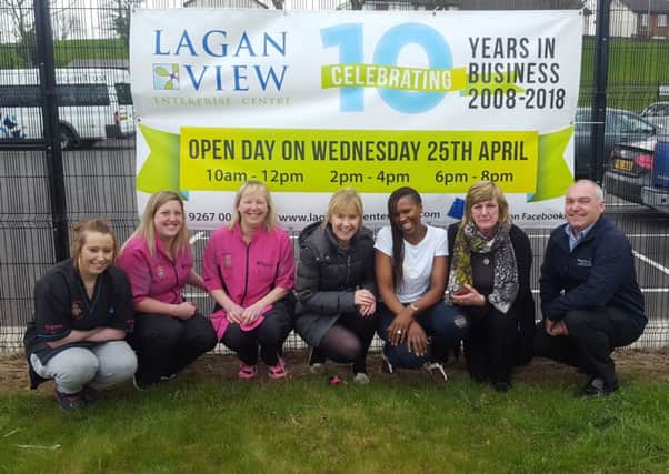 Celebrating 10 years of LaganView Enterprise Centre: Pictured (l-r) are Danielle Sanaghan, Nicola Smith, Diane McLucas (all Barkingham Palace), Joanne Casey (centre manager), Peggy Kambule (director of LaganView), Sharon Gibson (New Horizons Credit Union) and Adrian Bird (Resurgam Trust).