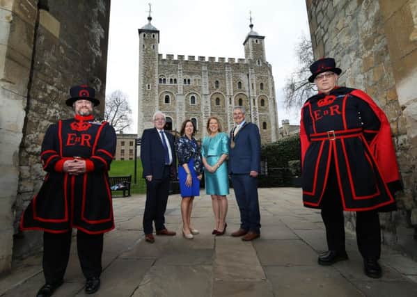 Pictured with the 'Beefeaters' at the iconic Tower of London are the Chairman of the council's Development Committee, Alderman Allan Ewart MBE; Chief Executive, Dr Theresa Donaldson; Head of Hillsborough Castle, Patricia Corbett and the Mayor, Councillor Tim Morrow. Pic by Kelvin Boyes, Press Eye