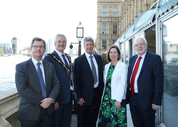 Pictured with Sir Jeffrey Donaldson MP (left) at the Palace of Westminster are Mayor Tim Morrow; Chairman of Invest NI, Mark Ennis; Chief Executive of Lisburn & Castlereagh City Council, Dr Theresa Donaldson and Chairman of the council's Development Committee, Alderman Allan Ewart MBE. Pic by Kelvin Boyes, Press Eye