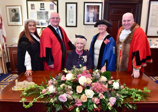 Conferment of the Freedom of the Borough of Mid and East Antrim on Joan Christie, Lord Lieutenant of Co Antrim. She is pictured (centre) along with (l-r) Chief Executive Anne Donaghy, Cllr Billy Ashe, Cllr Audrey Wales and Mayor Cllr Paul Reid.