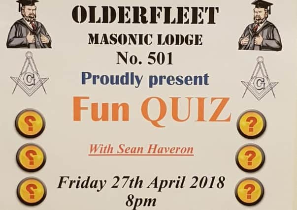A fun quiz will be held at St John's Masonic Club, Mill Brae, on April 27.