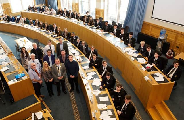The Mock Council Meeting in the Guildhall this week as part of a Local Democracy event for students from throughout the city and district.