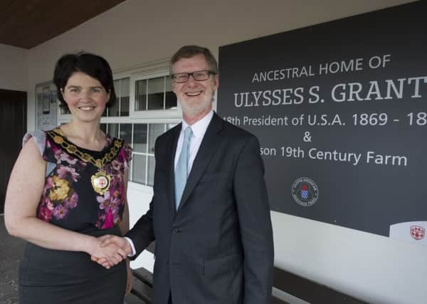 Chair of Mid Ulster District Council, Councillor Kim Ashton welcomes U.S. Consul General Daniel Lawton to the ancestral home of Ulysses S. Grant, 18th President of the United States.