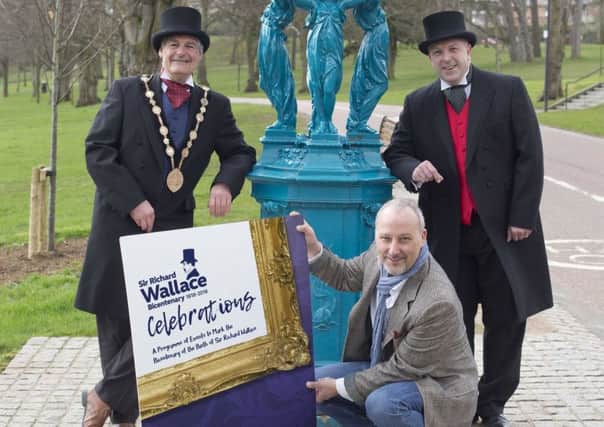 Pictured at the Wallace Fountain in Wallace Park, Lisburn are the Mayor, Councillor Tim Morrow and Alderman James Tinsley, Chairman of the council's Leisure & Community Development Committee, dressed in Victorian style to promote the upcoming Sir Richard Wallace bicentenary celebrations, which will include singer Peter Corry (middle).