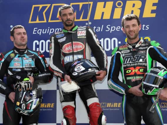 Open A Superbike winner Derek Sheils on the podium at the Cookstown 100 on Saturday with runner-up Michael Dunlop (left) and Michael Sweeney.