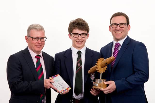 David Carruthers, Principal at Coleraine Grammar School; Jonathan Green, Top Candidate in GCSE Technology & Design (also holding *The David Mack Memorial Trophy) from Coleraine Grammar School and Justin Edwards CCEA CEO.