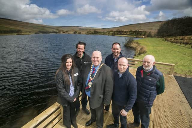 Hannah Currie RPS, Teddy Roughan DAERA Inland Fisheries Northern Area, Mayor of Mid and East Antrim Borough Council, Councillor Paul Reid, NI Waters David McClean, Mark Rodgers Euro Environmental JV and Alan Crawford from Mid-Antrim Angling Club.