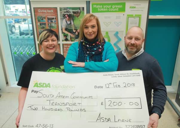South Antrim Community Transport has benefitted from Asda Foundation support through its Green Token Giving scheme, receiving a Â£200 donation. L-R: Asda Larne Community Champion, Catherine McCallion, South Antrim Community Transports Rosey Gilmore, and Asda Larne Manager, Darren Johnston. Providing transport for service users facing isolation and loneliness in rural areas, South Antrim Community Transport will use its donation to support days out over the summer months.