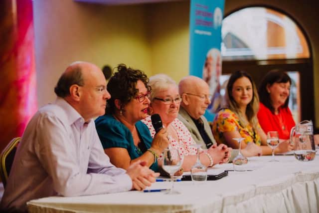 Answering questions from the floor, from left, are: SDLP Cllr Declan OLoan,  Alliance Ald Gerardine Mulvenna, DUP Cllr Beth Adsger, DUP Ald Tommy Nicholl, DUP Cllr Cheryl Johnston and UUP Cllr Maureen Morrow.