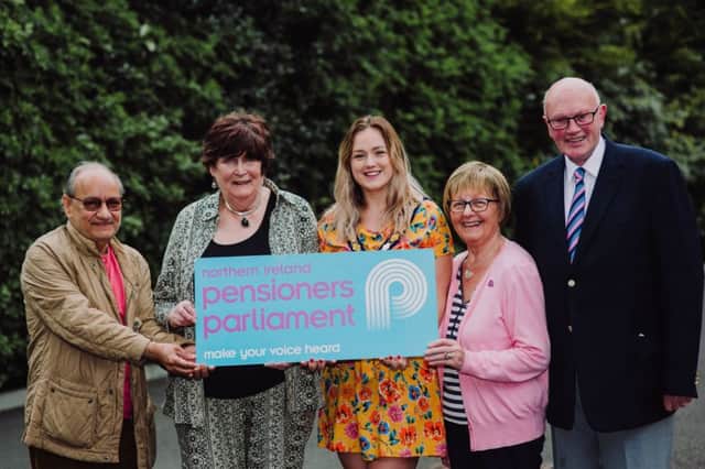 The Deputy Mayor of Mid & East Antrim Borough Council, Cllr Cheryl Johnston, at the Pensioners Parliament with Vijay Sethi and Matthew McPeake from Ballymena, Caroline McKeown from Carrickfergus and Bea Martin from Islandmagee.