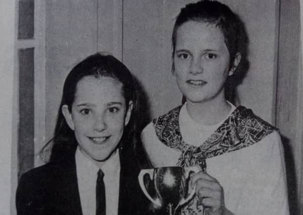 Sarah Jane Graham and Natalie Stewart, Ballymena, winners of the RJ Watt Cup in the 11 years and under Pianoforte Duet at Ballymena Music Festival, 1989.