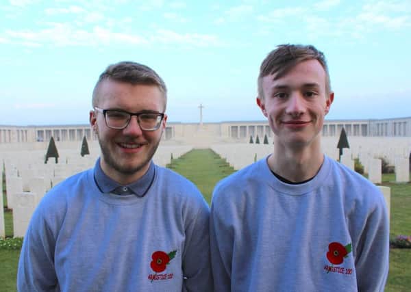 Lewis Allison and Taylor Devlin are pictured at the Pozieres Memorial which bears the names of 14,657 British and South African soldiers of the Fifth and Fourth British Armies missing or killed in action from March to August 1918 during World War I.