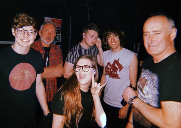 The band on their most recent tour  Aaron, Lauren, Luke and Taylor, with manager Phil McAlister (far right) and tech Chris Harris (red shirt)
