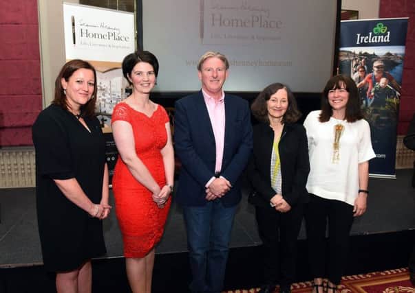 Julie Wakley, Tourism Ireland; Cllr Kim Ashton, Mid Ulster Council; actors Adrian Dunbar and BrÃ­d Brennan; and Catherine Heaney, at an event in London to celebrate the work of Heaney and to promote Seamus Heaney HomePlace in Bellaghy. 
Pic  Malcolm McNally