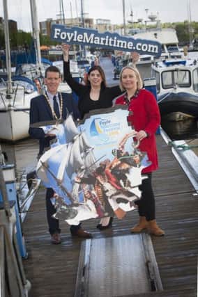 Deputy Mayor of Derry City and Strabane District Council, John Boyle pictured at the launch of the Foyle Maritime Festival 2018 at quayside  with Geraldine McFadden, Maritime Festival Press Officer and Anne-Marie Gray, Marketing Officer, DCSDC.
