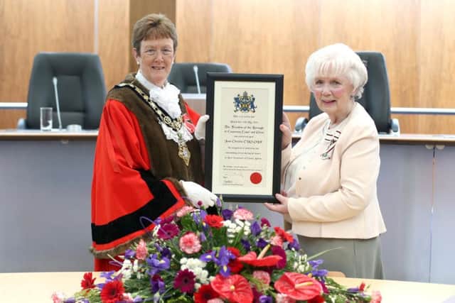 Mrs Joan Christie CVO OBE is congratulated by the Mayor of Causeway Coast and Glens Borough  Council Councillor Joan Baird OBE after becoming a Freeman of the Borough in recognition of her  role as Her Majesty's Lord Lieutenant for County Antrim. Pic Steven  McAuley/McAuley Multimedia