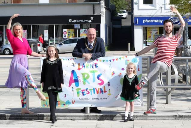 Launching the 2018 Larne Arts Festival are, from left: Becky Laidlaw,  Kelsie Brown, Councillor Paul Reid, Mayor of Mid and East Antrim Borough Council, Ella Johnston and Emmen Donnelly.  Photo: Declan Roughan, Press Eye.