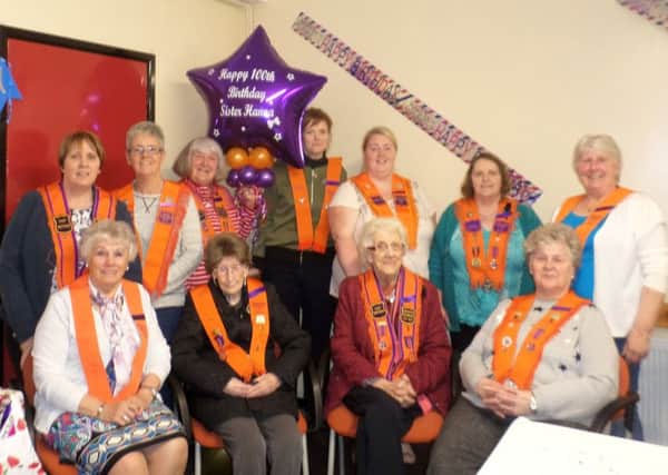 Pictured at Sister Lizzy Hanna's 100th birthday party are Lisnagarvey WLOL 207 members - Back row, l-r: Sister Jenny Palmer, Sister Marie Dean, Sister Dorothery McCallister, Sister Lyndsay Donaghy WM, Sister Joanne Lavery, Sister Rachel Keenan and Sister Norma Coulter. Front row, l-r: Sister Winnie Ferguson, Sister Lizzy Hanna, Sister June Dalzell and Sister Marlene Smyth.