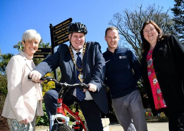 Cllr Angela Smyth, Mayor Paul Reid, Outdoor Recreation Officer Niall Curneen and Ald Maureen Morrow launching Bike Week 2018 in the borough.
