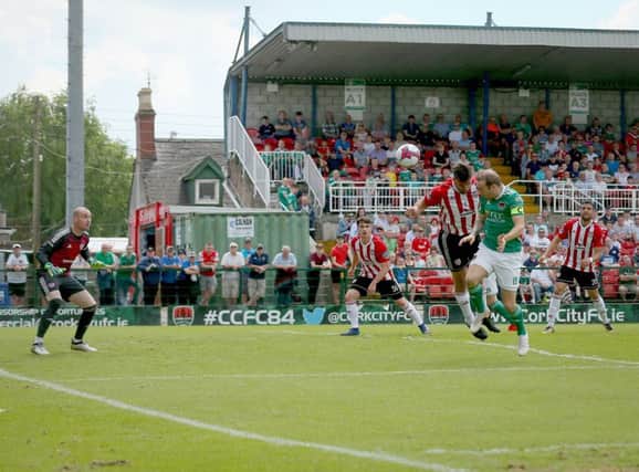 Cork Citys Karl Sheppard gives his side an early lead against Derry City at Turner's Cross. (Photo: Â©INPHO/Oisin Keniry)