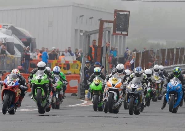 Man of the Meeting Gerard Kinghan (4) leads the Superbikes away. PIC: MAURICE MONTGOMERY