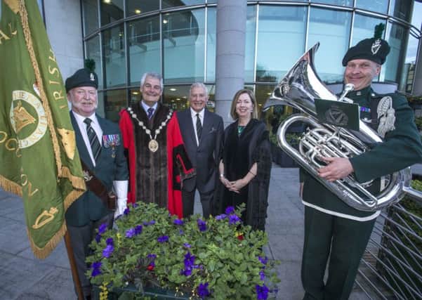 Pictured at the Beating Retreat in Lisburn, paying tribute to the Royal Irish Rangers are The Mayor of Lisburn & Castlereagh City Council, Councillor Tim Morrow, General Sir Roger Wheeler, President of the Rangers Association and Dr Theresa Donaldson, Chief Executive of the council, with a veteran of the regiment and RIR band member.