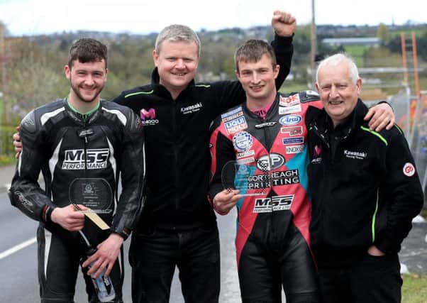 Adam McLean (left) and James Cowton with McAdoo Racing team owners Jason and Winston McAdoo.