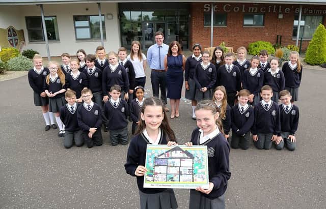 St Colmcille's Primary School P7 class with their teacher Mr Walls and Catherine Savage from the Housing Executive after being awarded thirrd prize in the Housing Executives Home Energy Schools Poster Competition.
