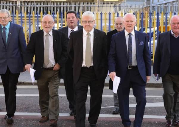 The 'Hooded Men' pictured after a press conference earlier this year.
Picture By: Arthur Allison/Pacemaker Press