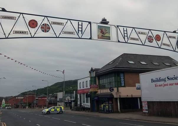 The arch was erected in the Antrim Road area of Glengormley.