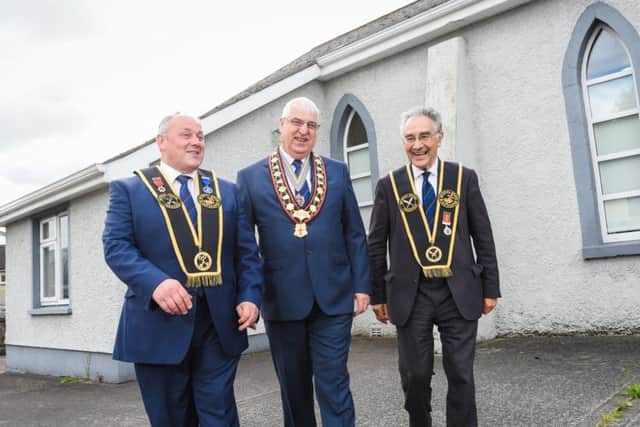 Sovereign Grand Master, Rev William Anderson (centre), with Imperial Grand Registrar, Billy Scott (right) and Imperial Grand Treasurer, David Livingstone, following the meeting of the Institution's Grand Council in Co Monaghan. Sent in 16-06-18
