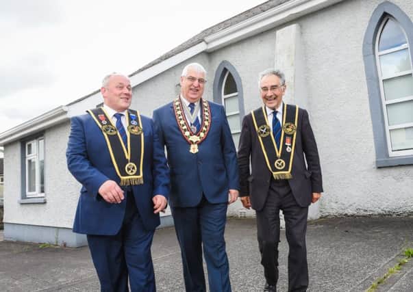 Sovereign Grand Master, Rev William Anderson (centre), with Imperial Grand Registrar, Billy Scott (right) and Imperial Grand Treasurer, David Livingstone, following the meeting of the Institution's Grand Council in Co Monaghan. Sent in 16-06-18