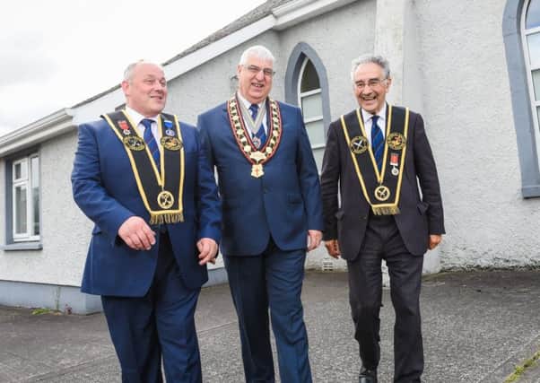 Sovereign Grand Master, Rev William Anderson (centre), with Imperial Grand Registrar, Billy Scott (right) and Imperial Grand Treasurer, David Livingstone, following the meeting of the Institution's Grand Council in Co Monaghan on Saturday