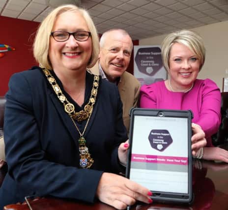 The Mayor of Causeway Coast and Glens Borough Council, Councillor Brenda Chivers launching the business support survey with Martin Clark, Business Development Manager and Joanne Mc Laughlin, Business Engagement Officer.