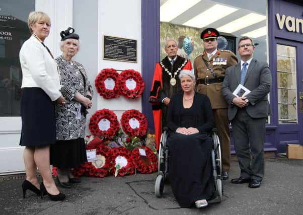 Pictured left to right:  High Sheriff, Ms Gillian Bingham; Lord Lieutenant Mrs Joan Christie CVO OBE; the Right Worshipful the Mayor, Councillor Uel Mackin; Andrea Brown who was injured in the bomb, Colonel Rob Lyndsay, 38 Brigade; The Right Honourable Sir Jeffrey Donaldson MP.  Photo by Kelvin Boyes / Press Eye.
