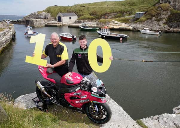 Armoy Road Races Clerk of the Course, Bill Kennedy and road racer Adam McLean launch the 10th anniversary Bayview Hotel 'Race of Legends' at Ballintoy Harbour in Co Antrim.