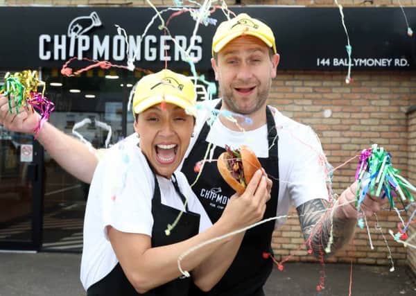 Ballymena couple, Gareth Montgomery and Katrina Fox, owners of newly opened Chipmongers Ballymena, celebrate National Burger Day, today, Thursday, June 21 and the fact that they have created 12 new jobs and invested Â£90k in the local community.  Picture: Darren Kidd/PressEye